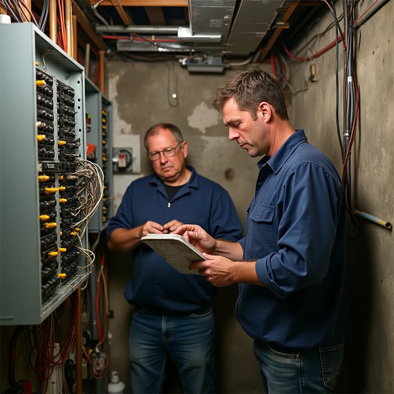 two electricians two electricians near electrical panel