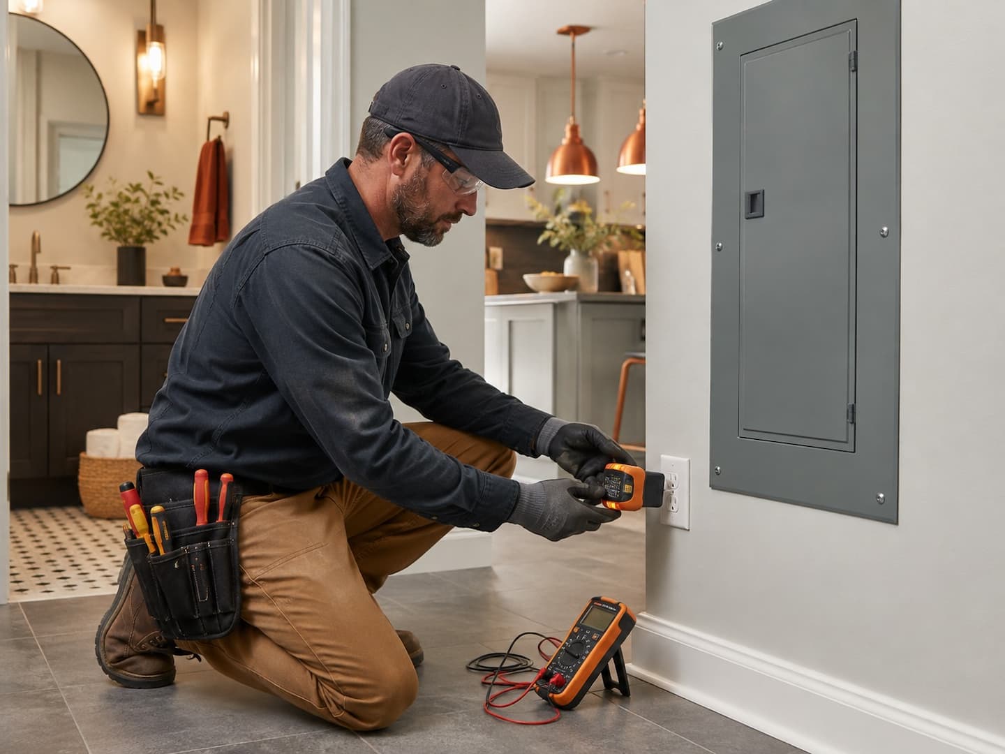 Electrician testing an AFCI and GFCI protected circuit after installation