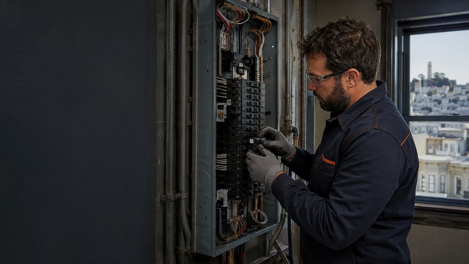 Electrician installing AFCI and GFCI protection in a San Francisco electrical panel