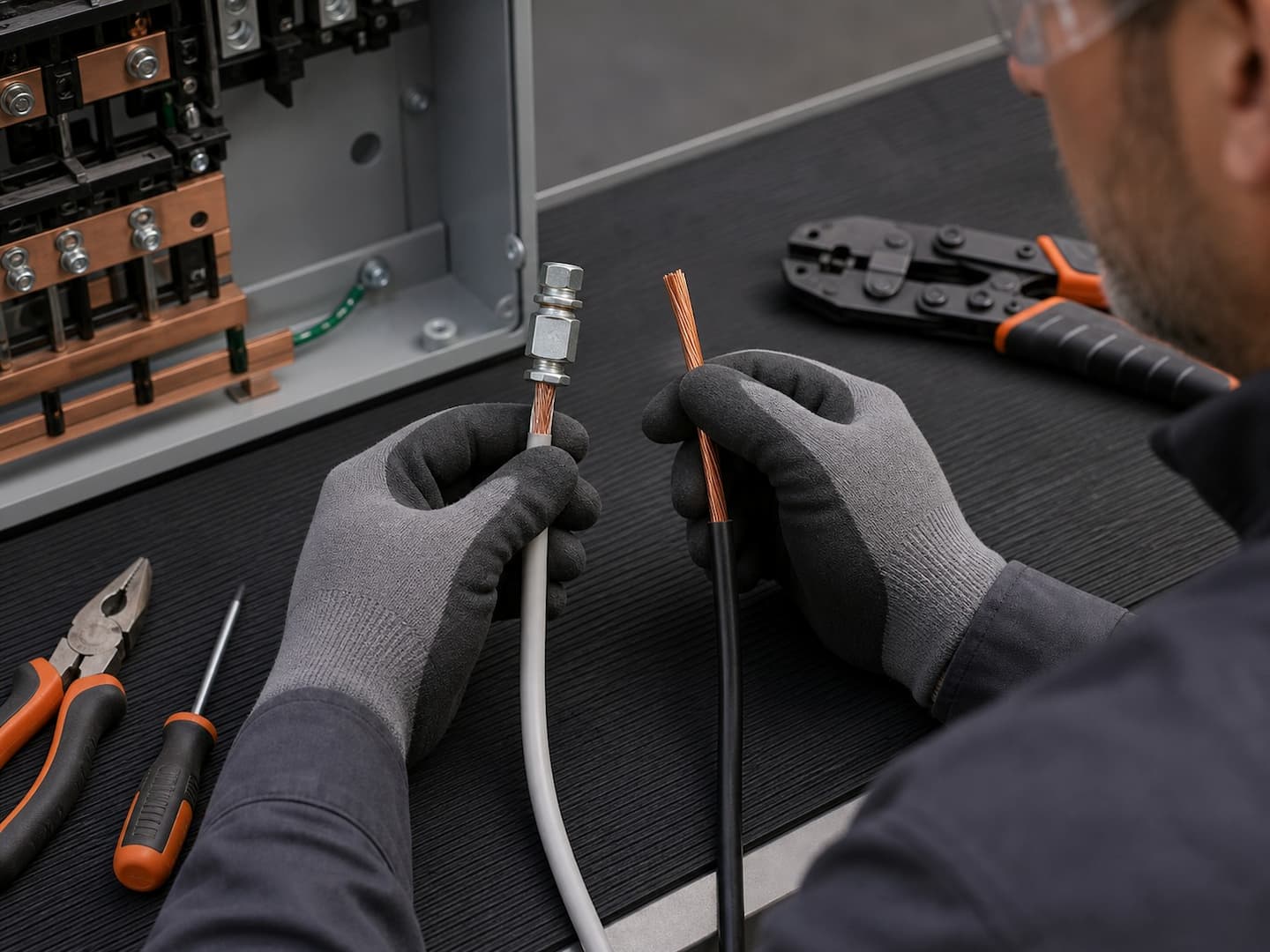 Close inspection of an aluminum-to-copper connection method by an electrician