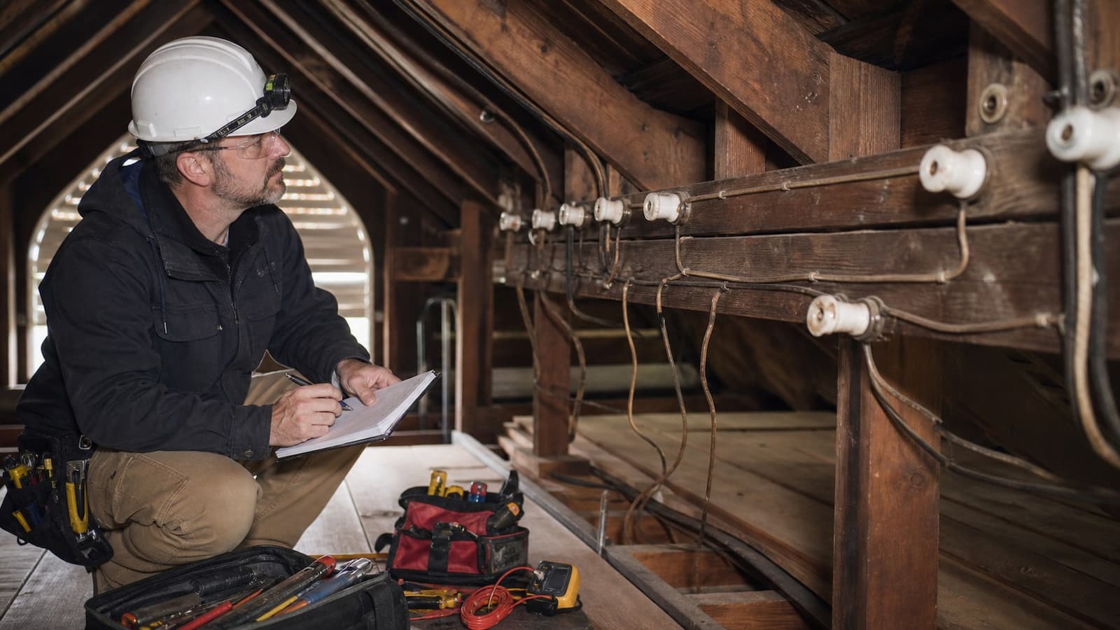 Licensed electrician inspecting old knob-and-tube wiring in a Bay Area attic before an EASE Home project