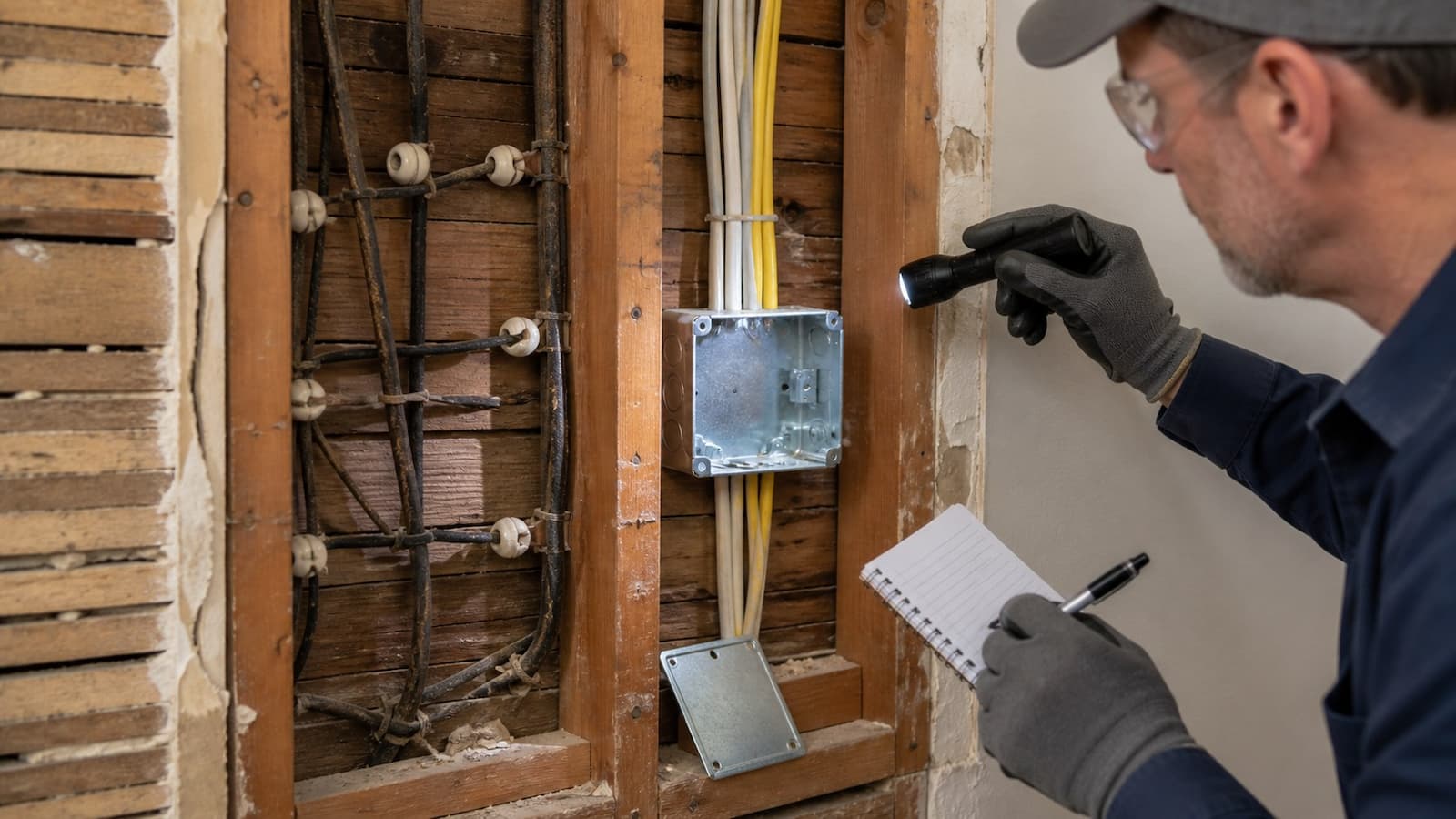 Electrician comparing active knob-and-tube wiring with modern cable during an older-home inspection