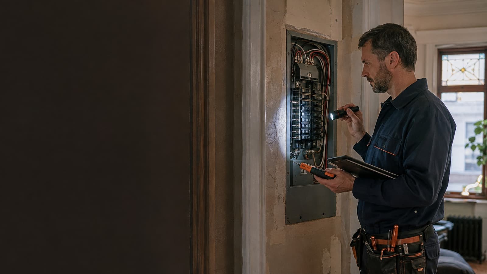 Electrician performing a residential electrical code-compliance review in San Francisco
