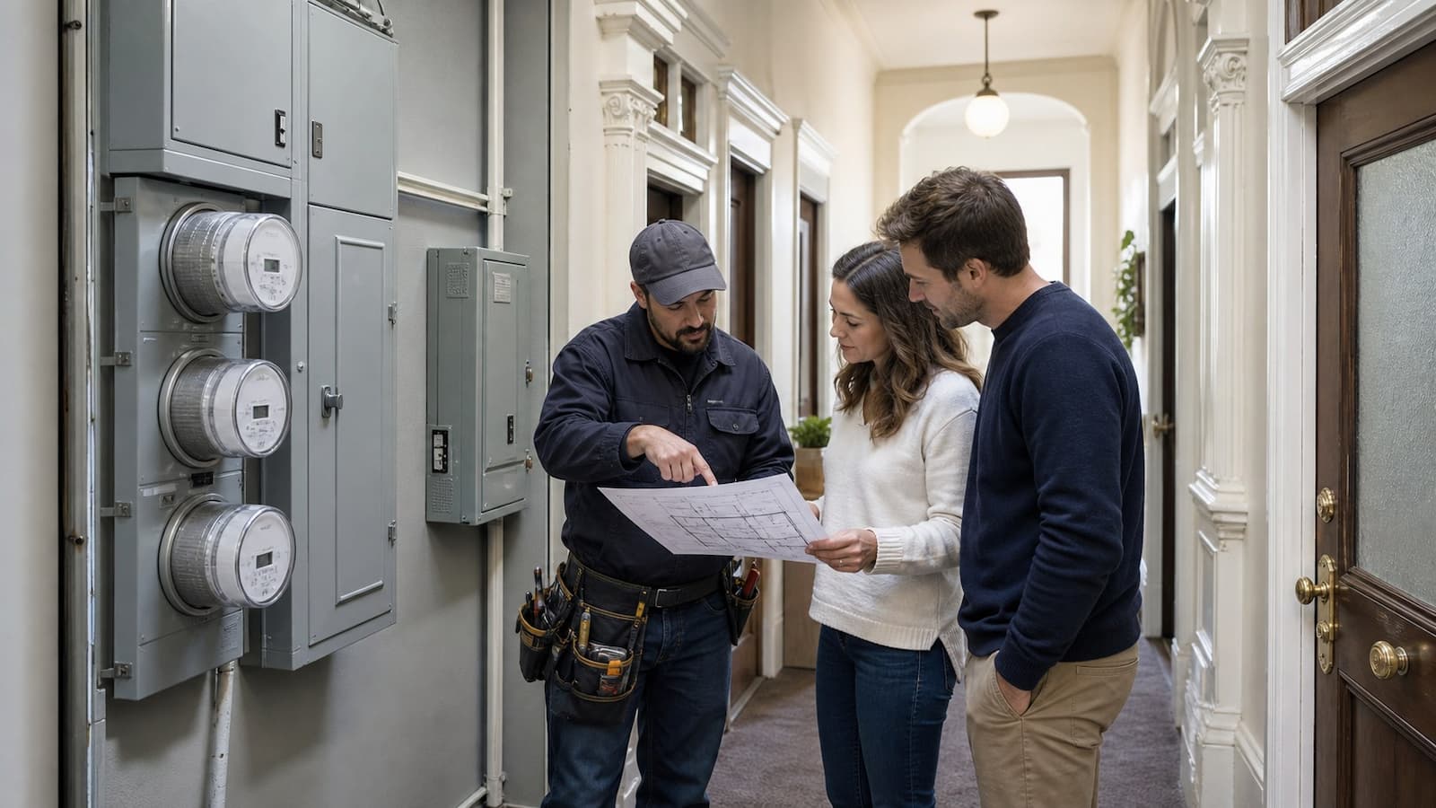 Electrician and property owners reviewing a shared electrical riser and plans in a San Francisco multi-unit building