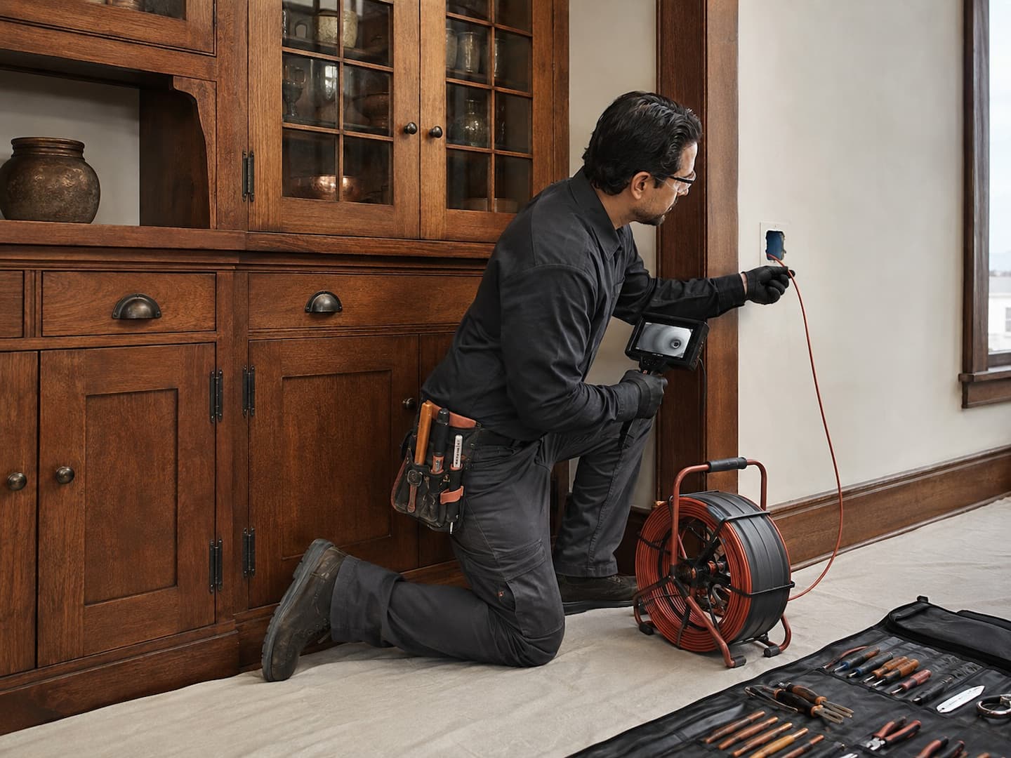 Specialist routing new electrical cable near protected Craftsman built-in cabinetry
