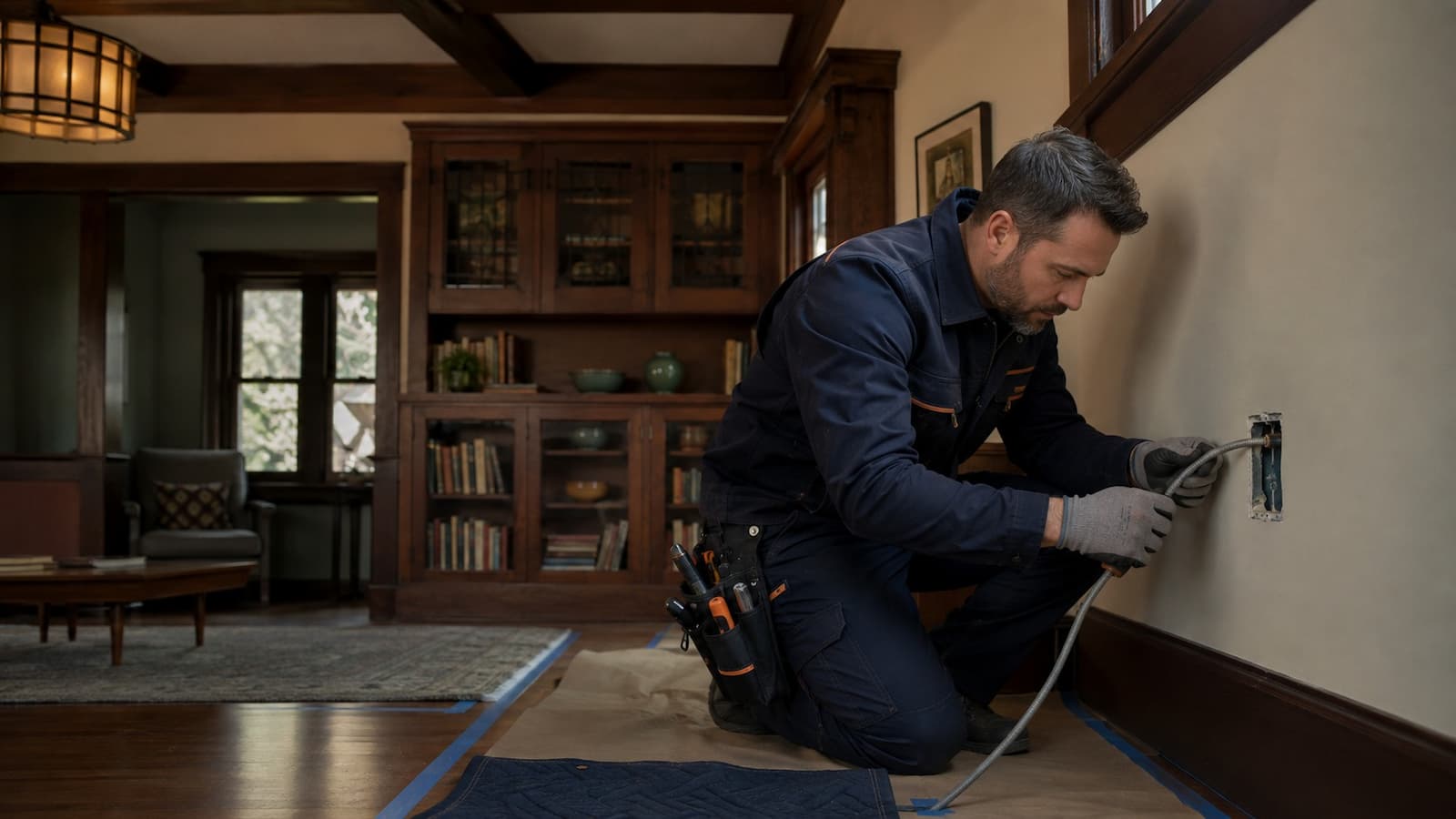 Electrician planning rewiring around original woodwork in a San Francisco Craftsman home
