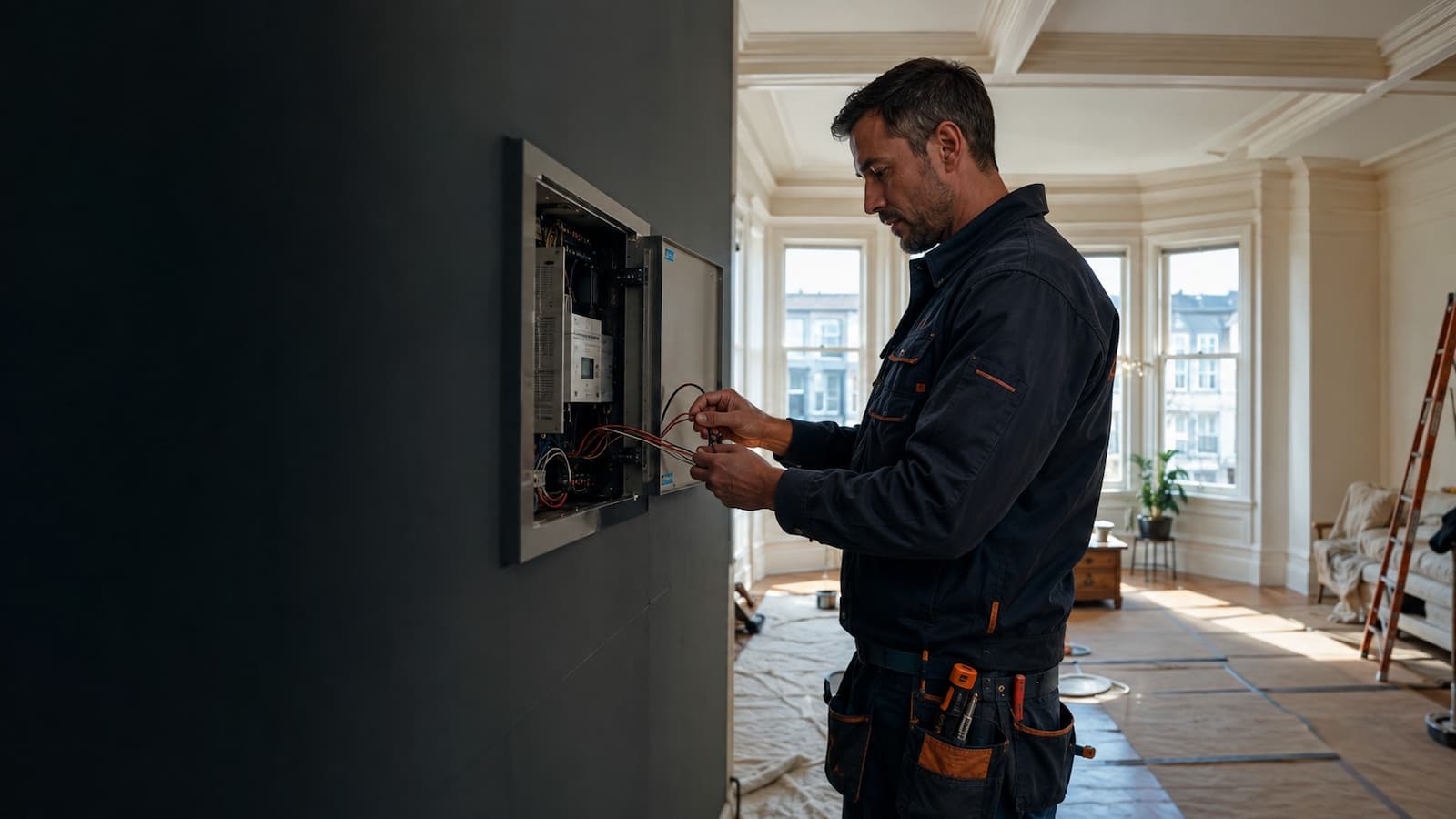 Electrician planning an electrical rewire in a San Francisco Edwardian flat