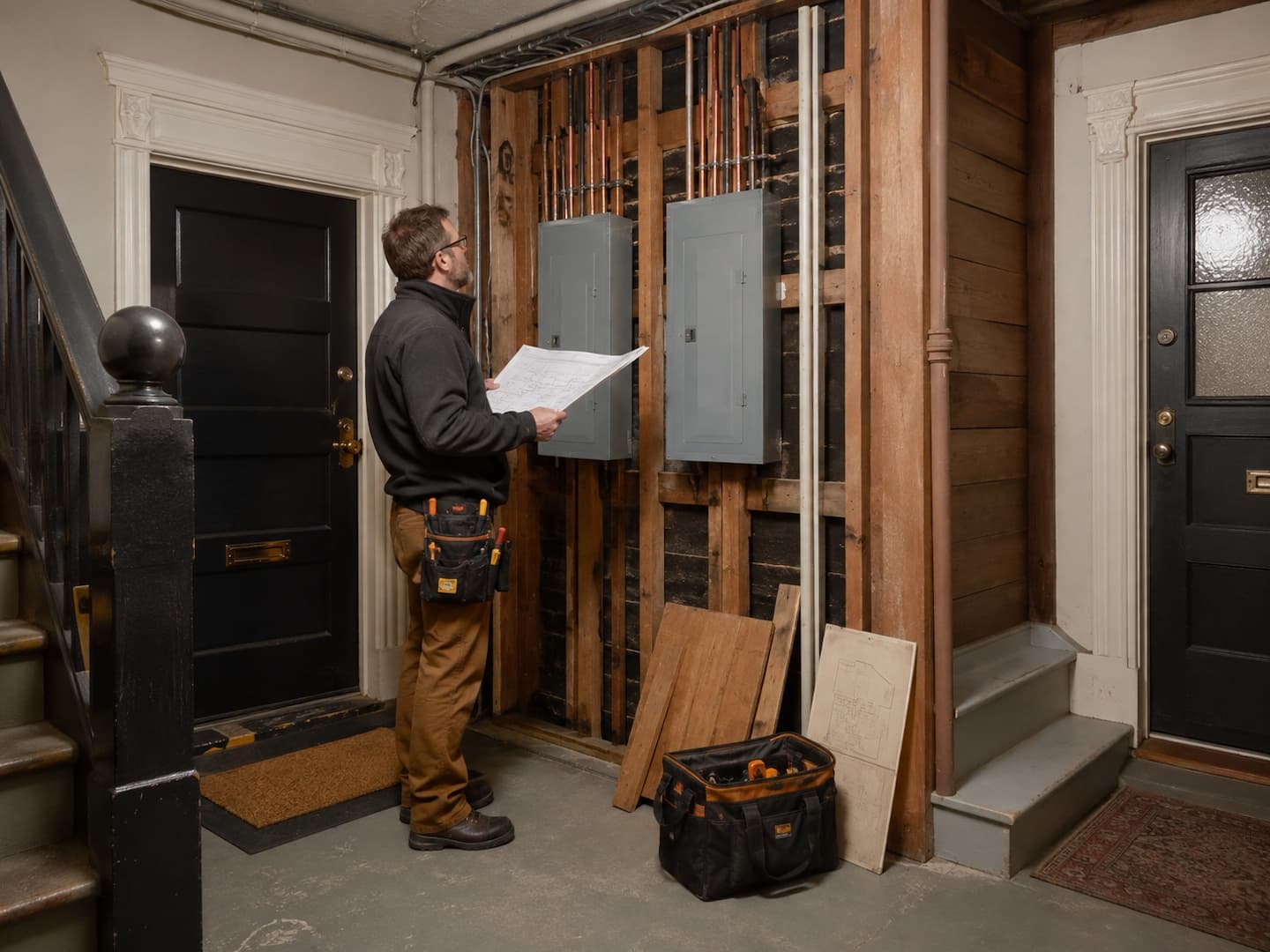 Electrical routing review in the shared service areas of a San Francisco Edwardian flat