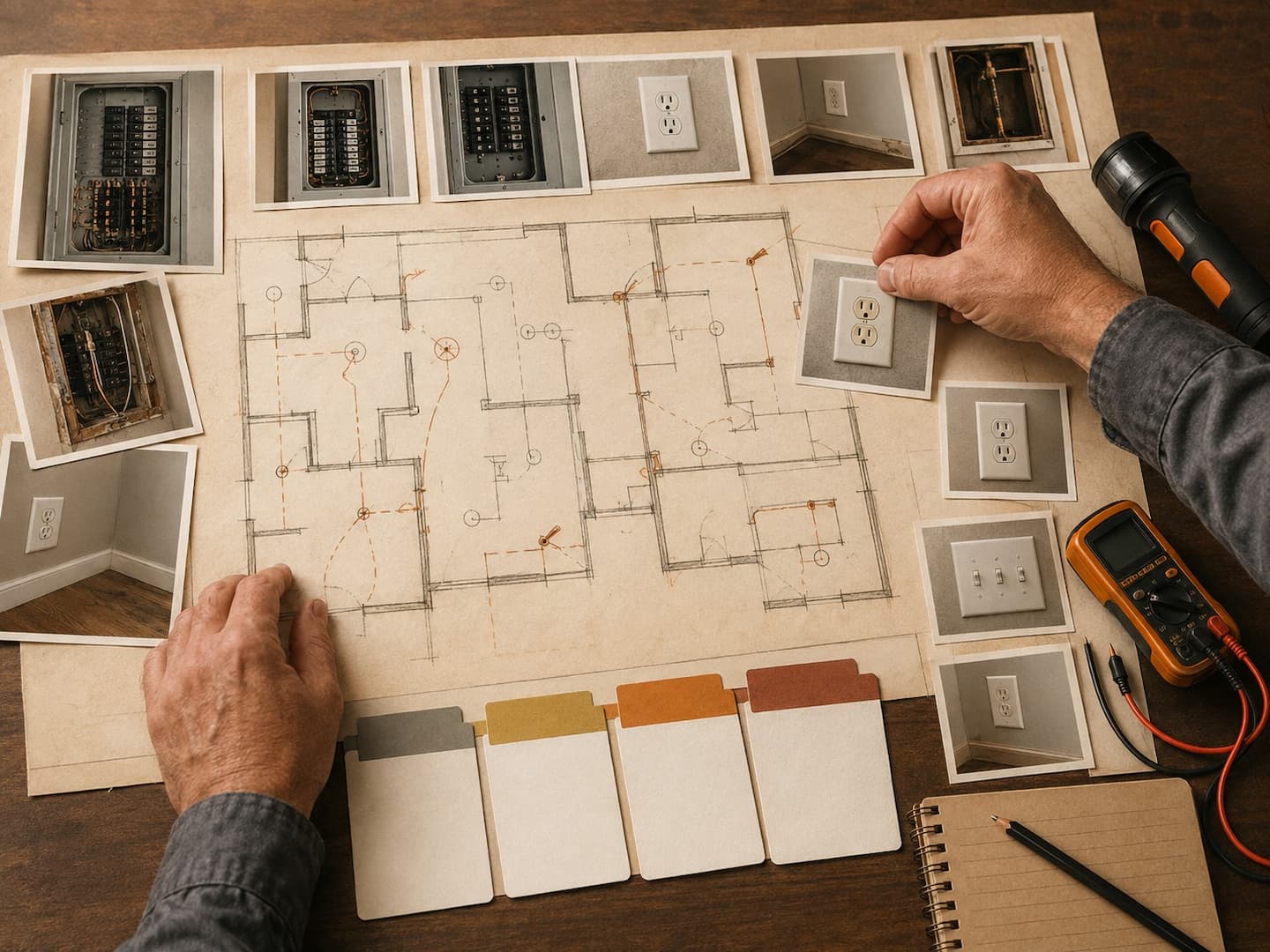 Electrical correction plan with panel and device photos organized by priority