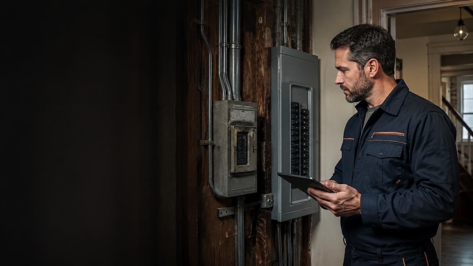 Electrician evaluating a modern replacement panel in a San Francisco older home