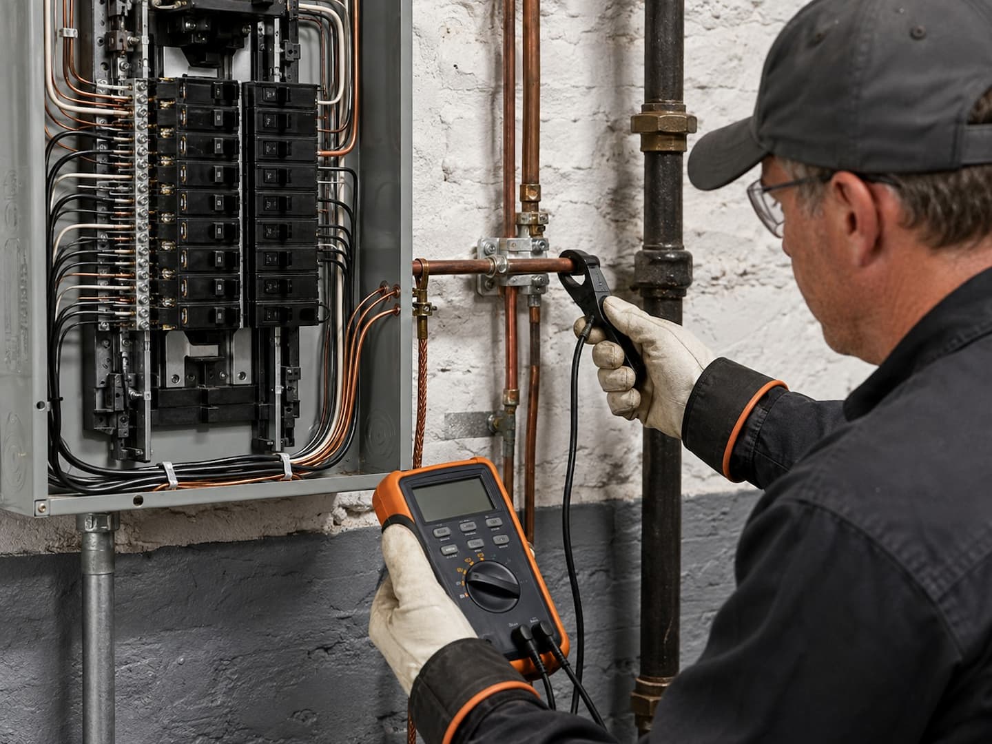 Electrician testing grounding and bonding continuity at an older home service