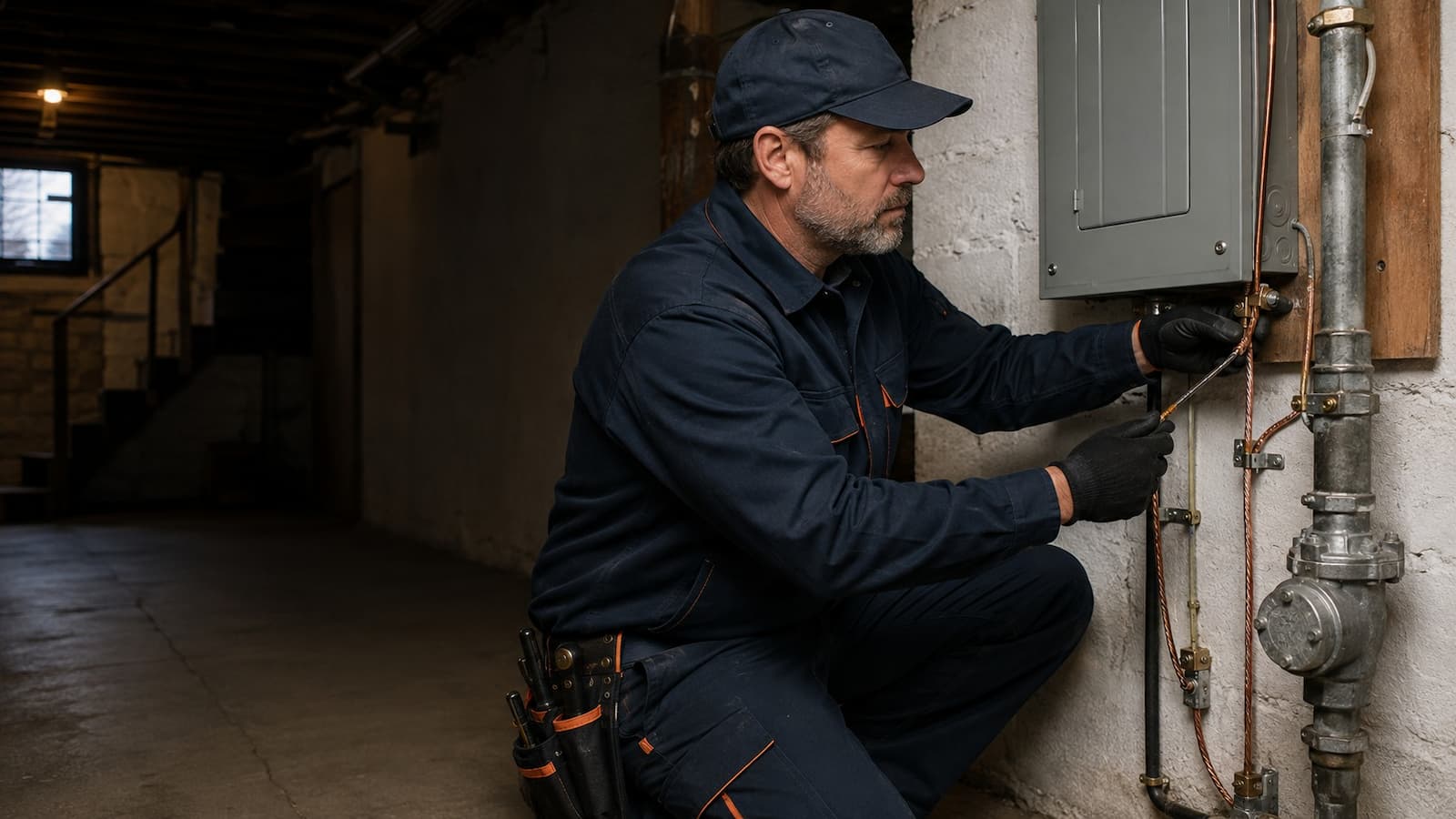 Electrician inspecting grounding and bonding at a San Francisco electrical service
