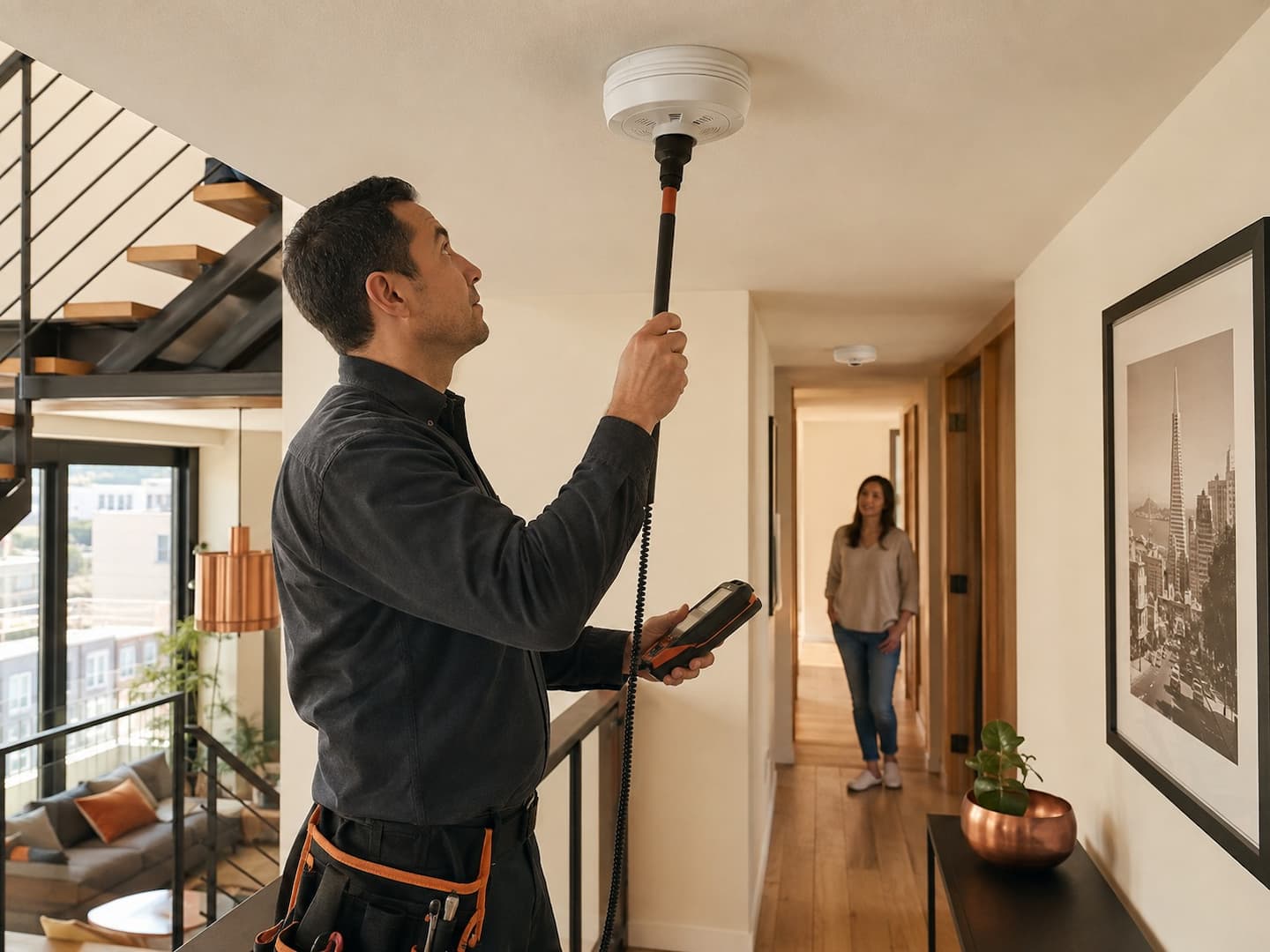 Specialist testing interconnected residential smoke and carbon monoxide alarms