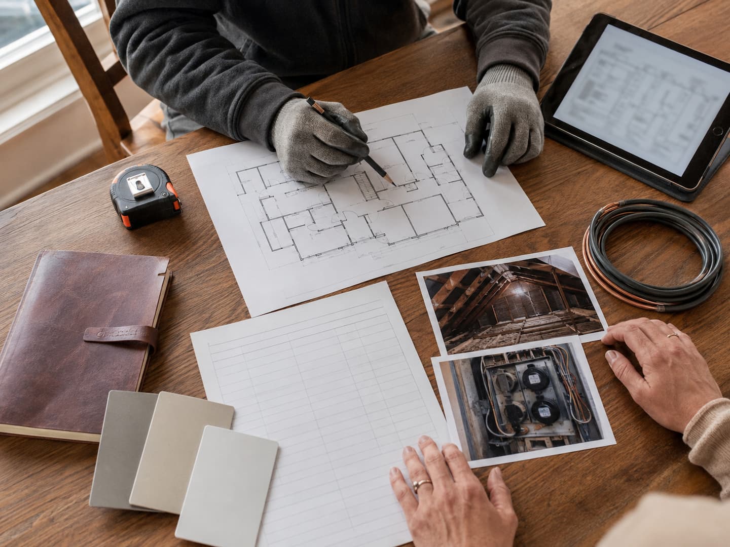 Homeowner and electrician reviewing an itemized San Francisco rewire estimate