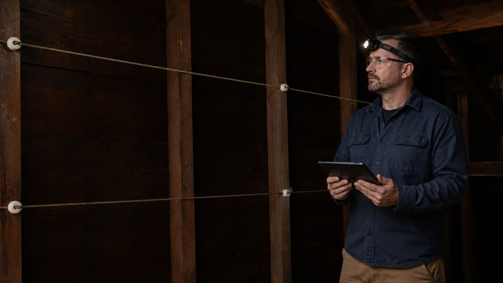 Electrician inspecting visible knob-and-tube wiring in a San Francisco attic