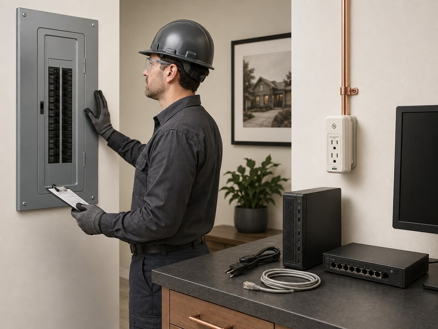 Whole-house surge device and point-of-use protection being reviewed by an electrician