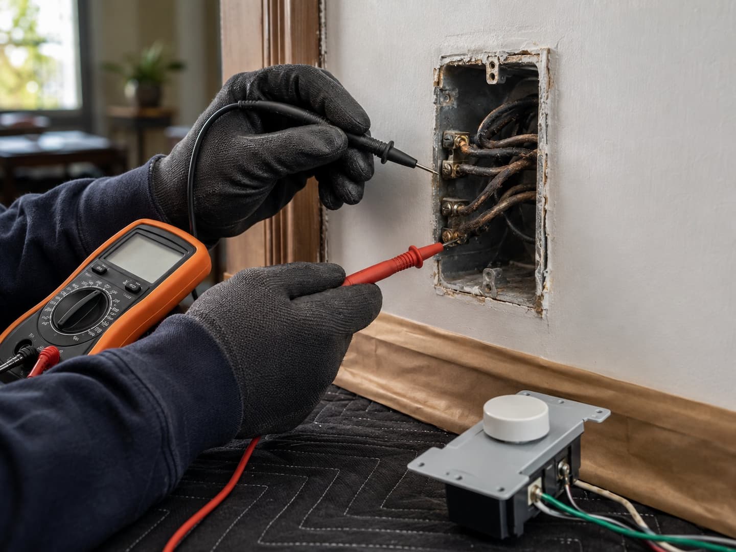 Electrician testing an older switch box before installing a modern control