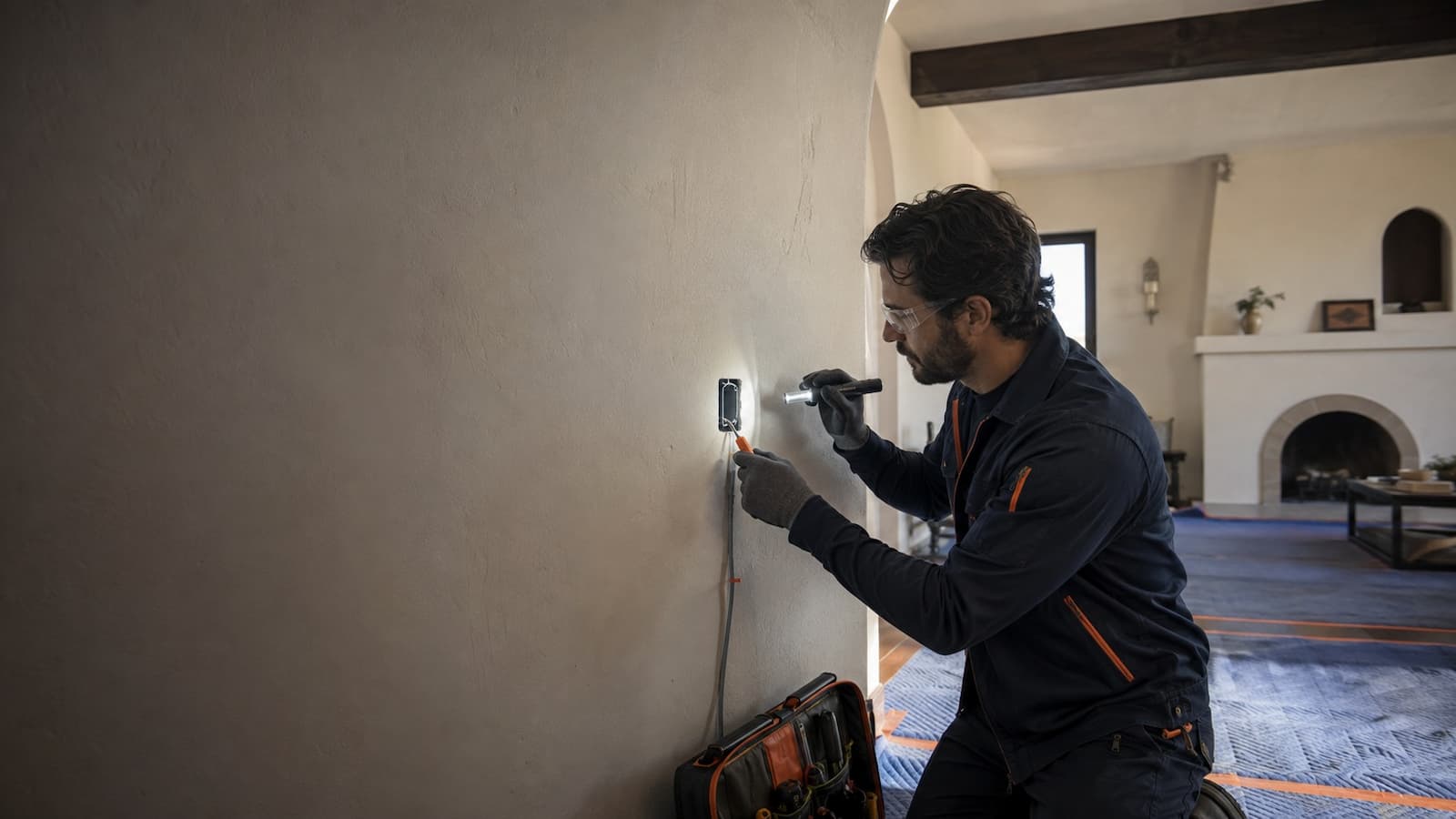 Electrician inspecting wiring routes in a San Francisco Mission Revival home