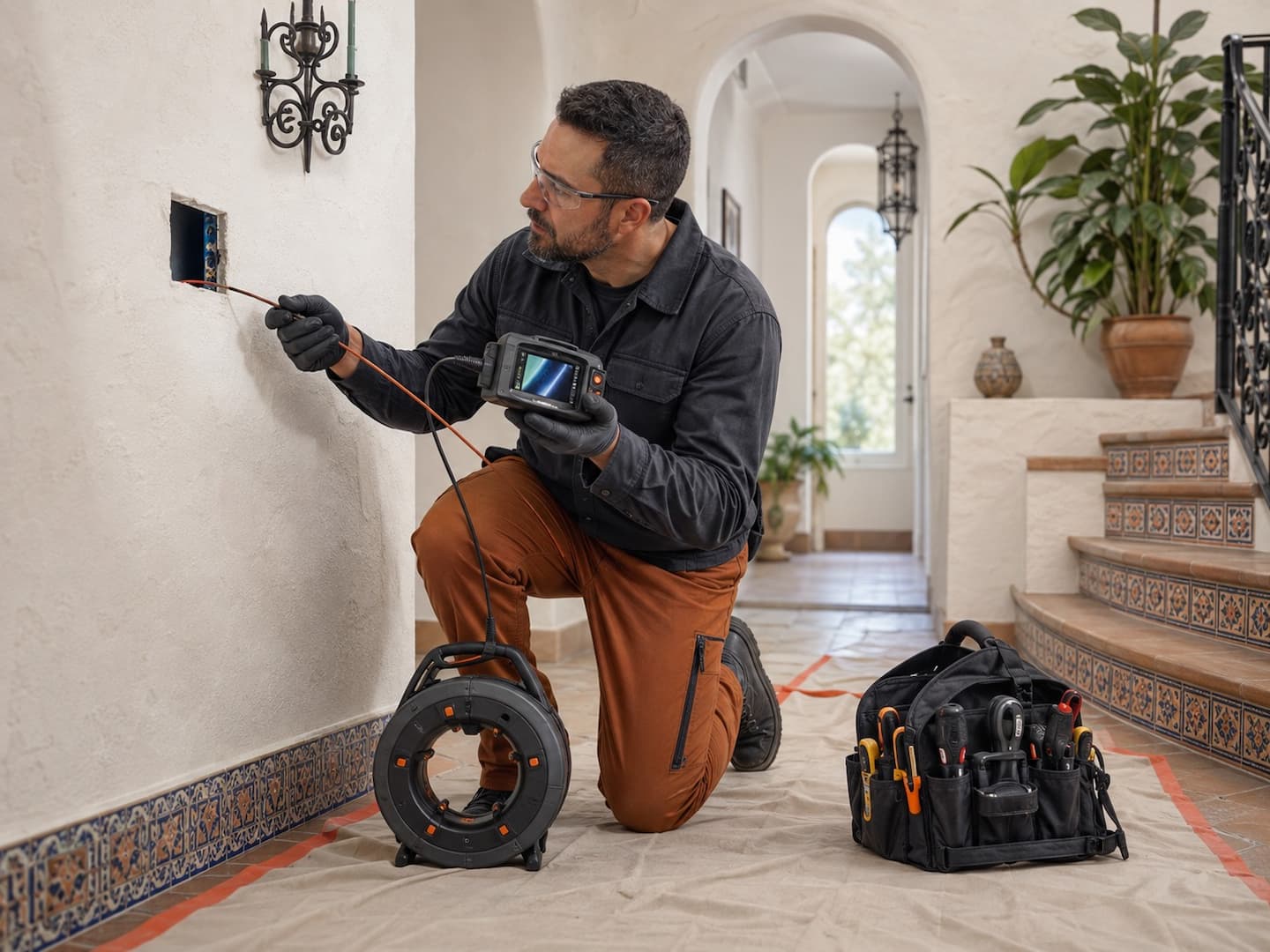 Small planned electrical access opening in protected textured plaster of a Mission-style home