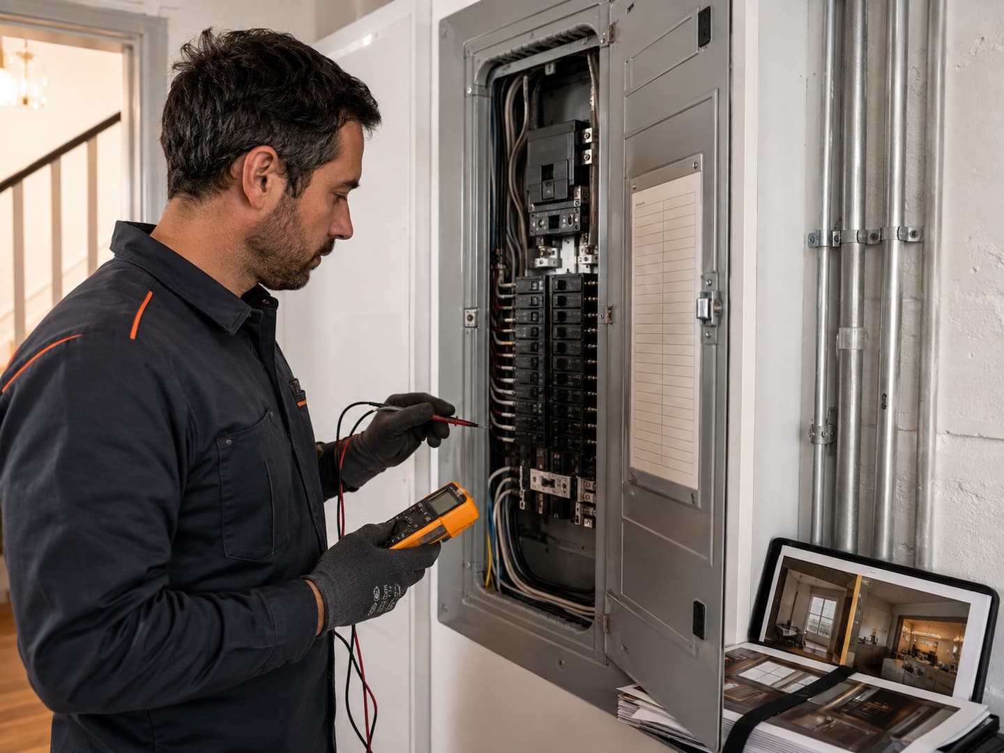 Electrician testing and labeling a modern grounded electrical panel after a San Francisco rewire