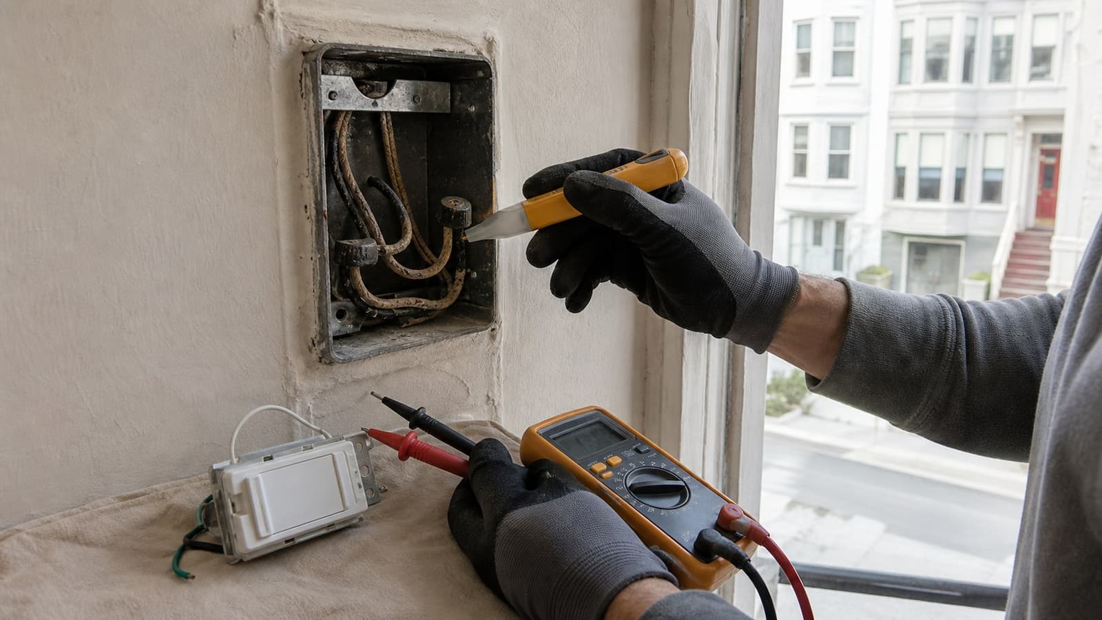 Electrician testing conductors in an old plaster-wall switch box before installing a smart switch
