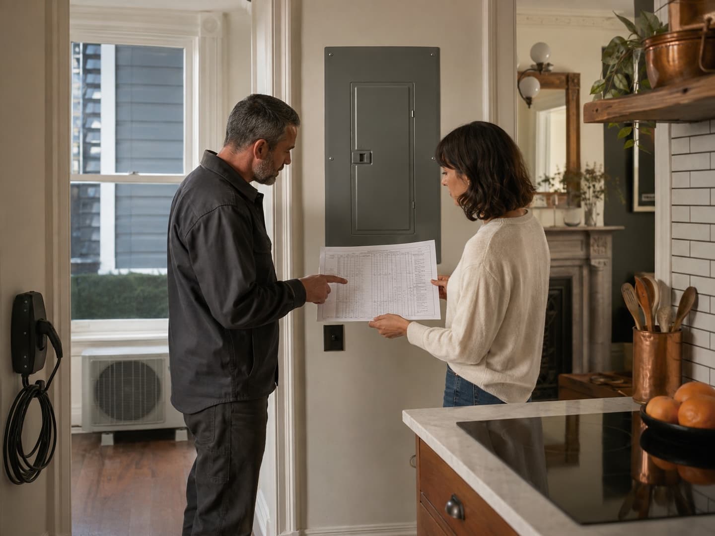 Electrician reviewing a residential load plan beside an electrical panel