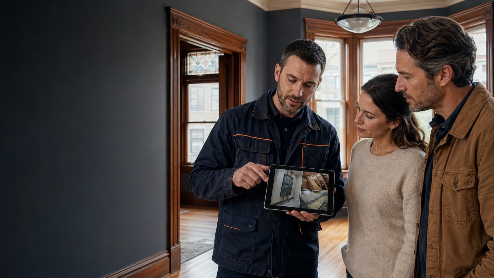 Electrician reviewing knob-and-tube findings for a San Francisco home sale