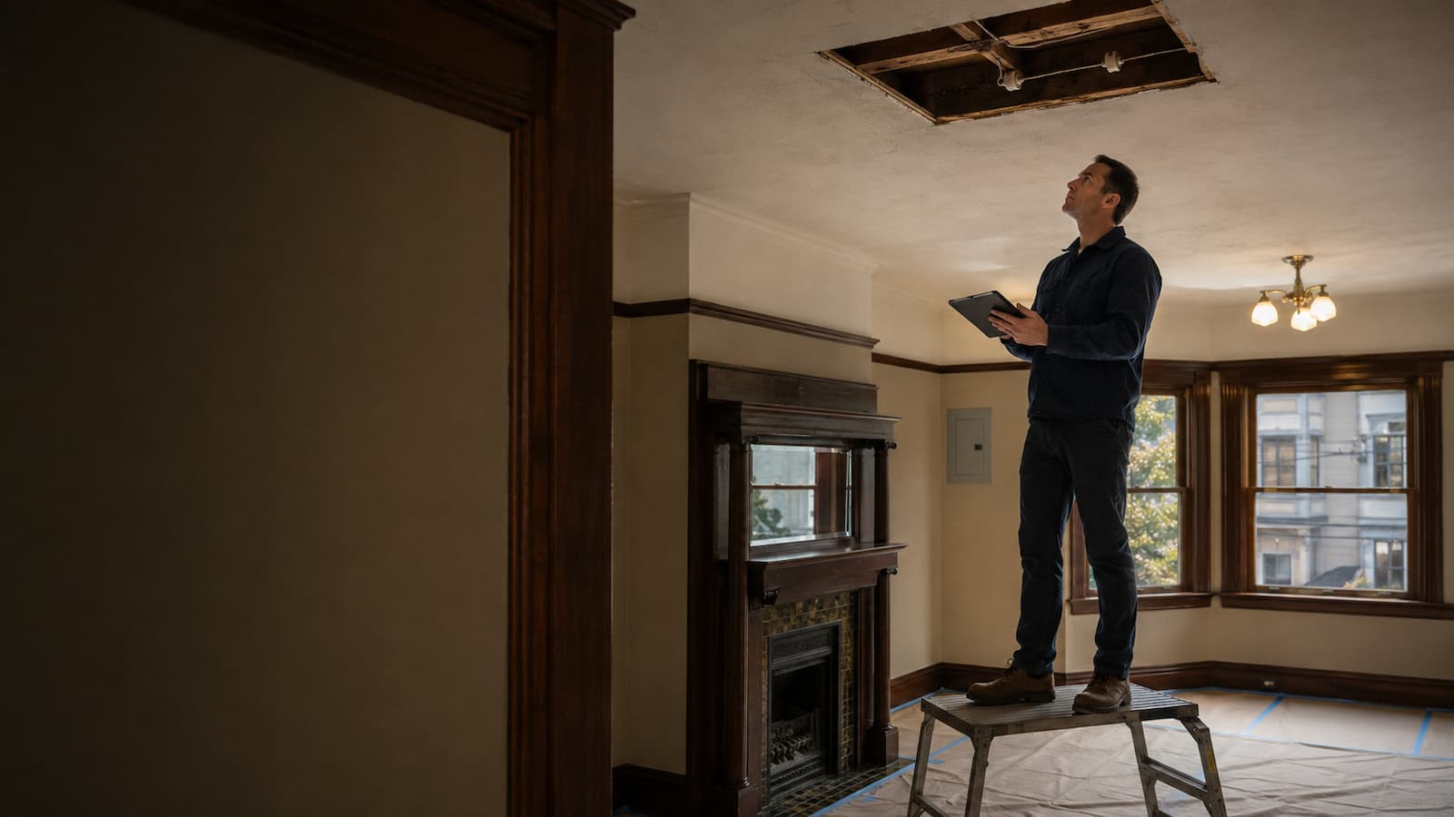 Electrician inspecting knob-and-tube wiring in a San Francisco Victorian home