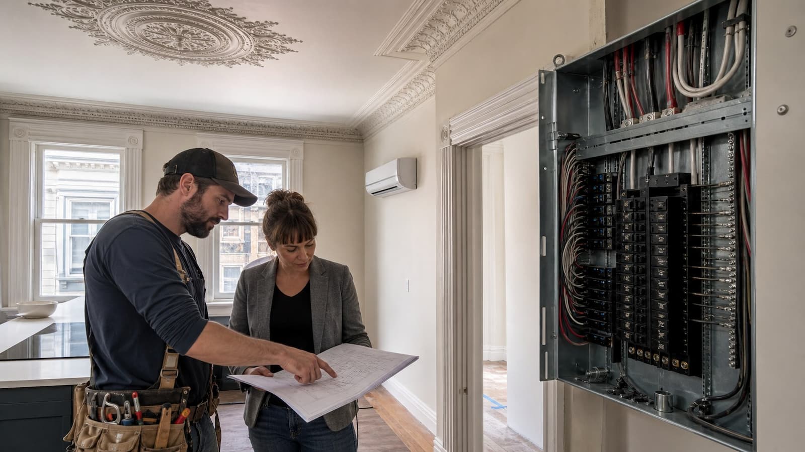 Electrical contractor planning panel capacity and new all-electric circuits in a San Francisco Victorian home