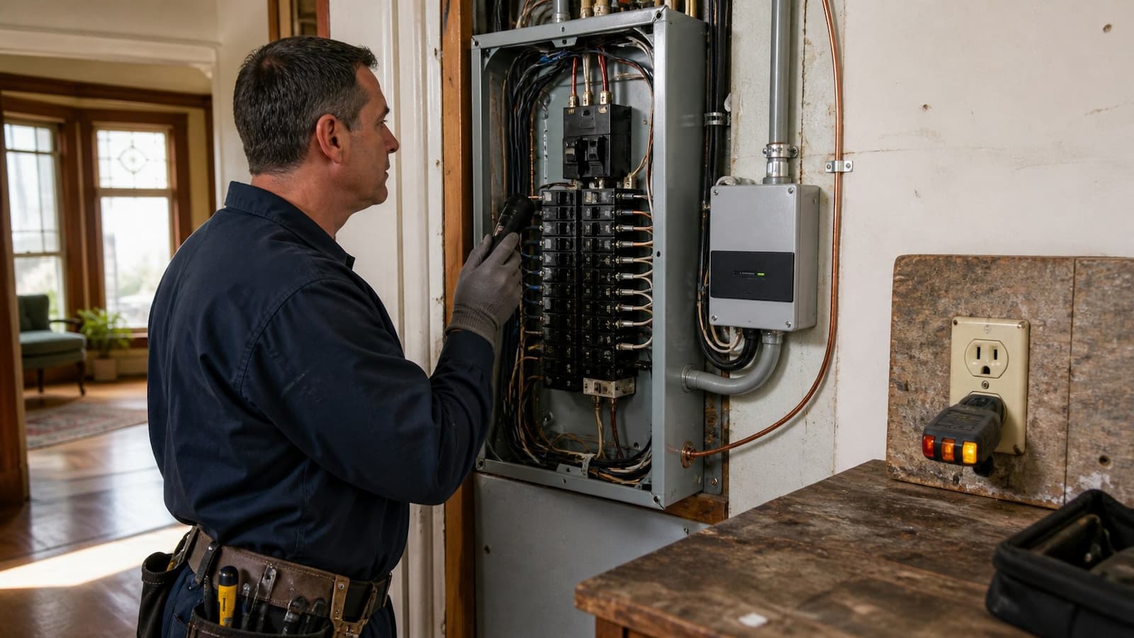 Electrician evaluating grounding and whole-house surge protection at an older home electrical panel