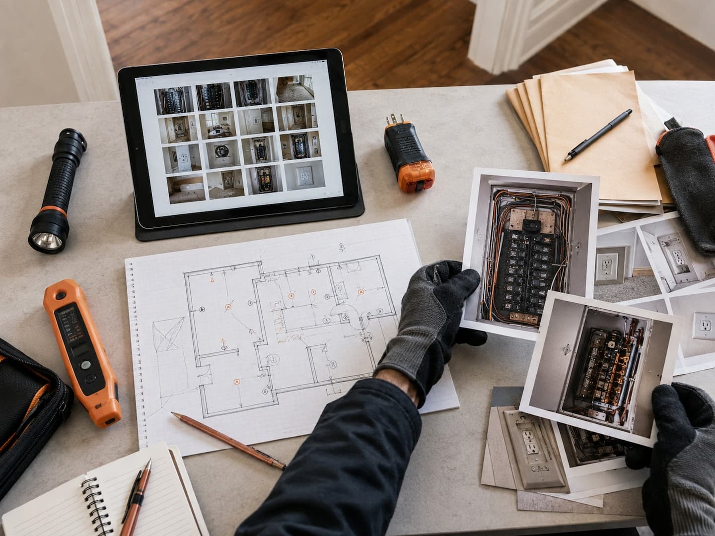 Organized electrical inspection photos and field notes for underwriting review