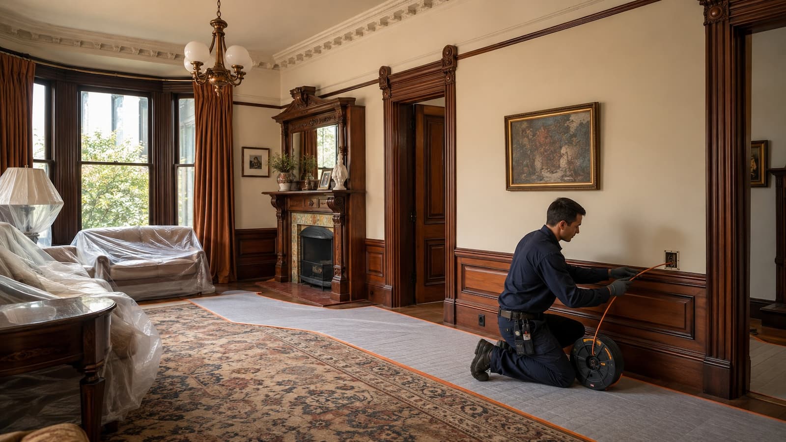 Protected Victorian interior prepared for limited-access electrical rewiring