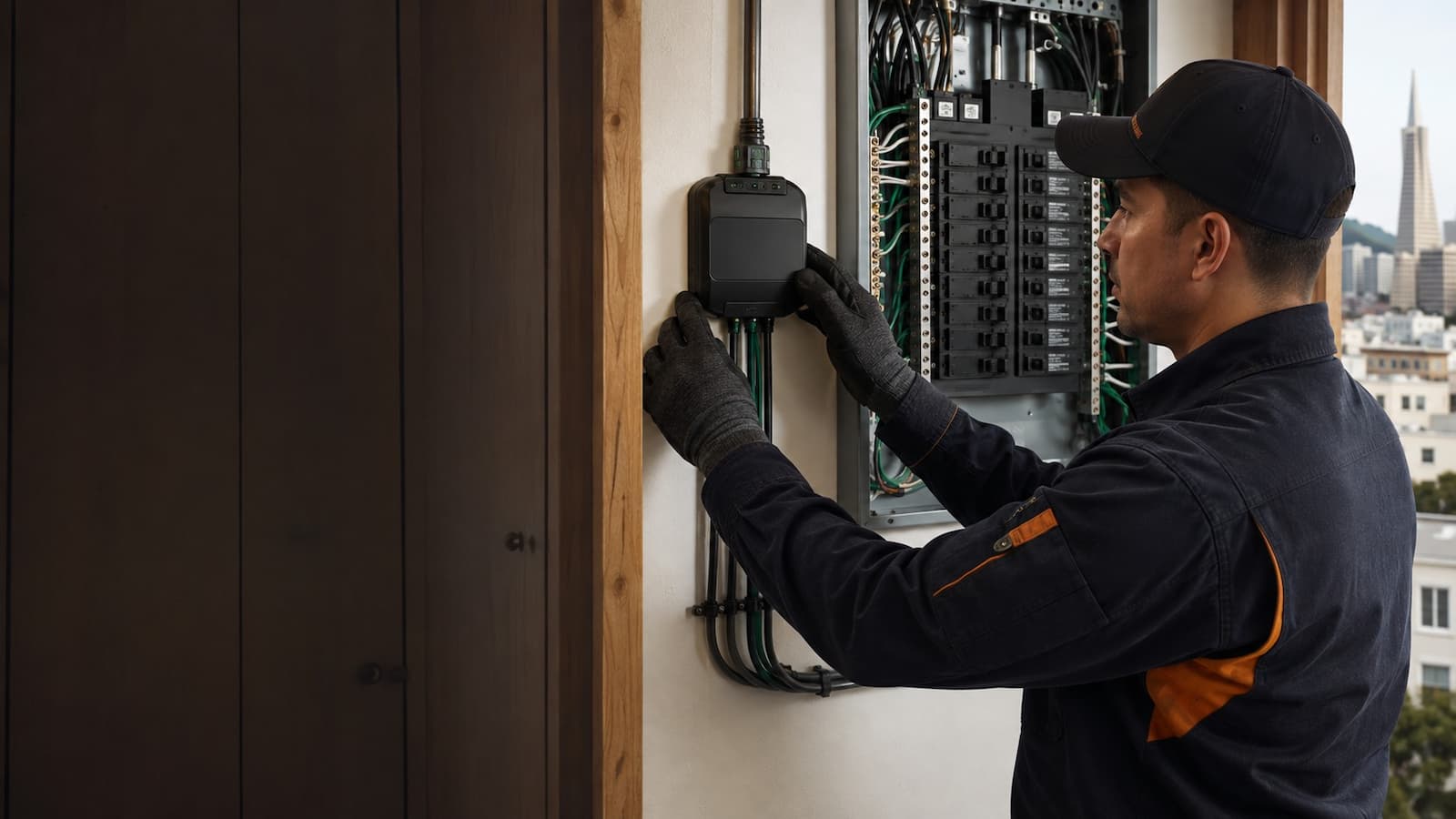 Electrician installing a whole-house surge protective device at a San Francisco panel